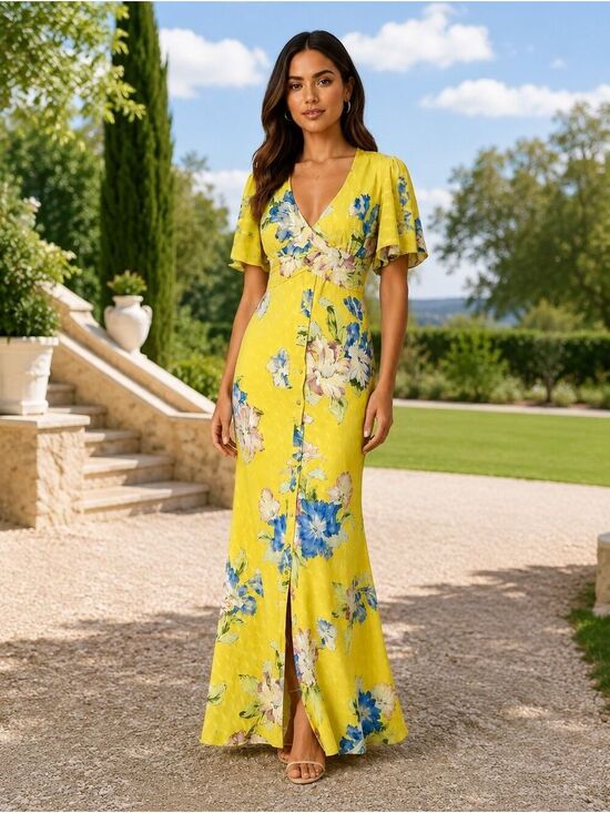 ASOS Dresses & Skirts - ASOS CHARTREUSE FLORAL V-NECK BACKLESS CROSS CHEST FITTED MAXI DRESS NWOT SIZE 2